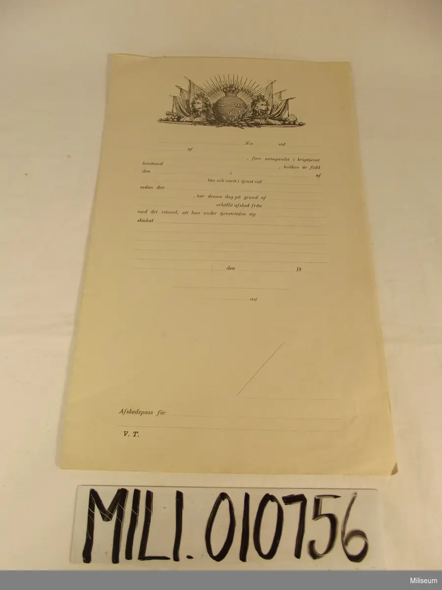 Avskedsbrev för indelt soldat vid Jönköpings regemente. (från 1860-1870)