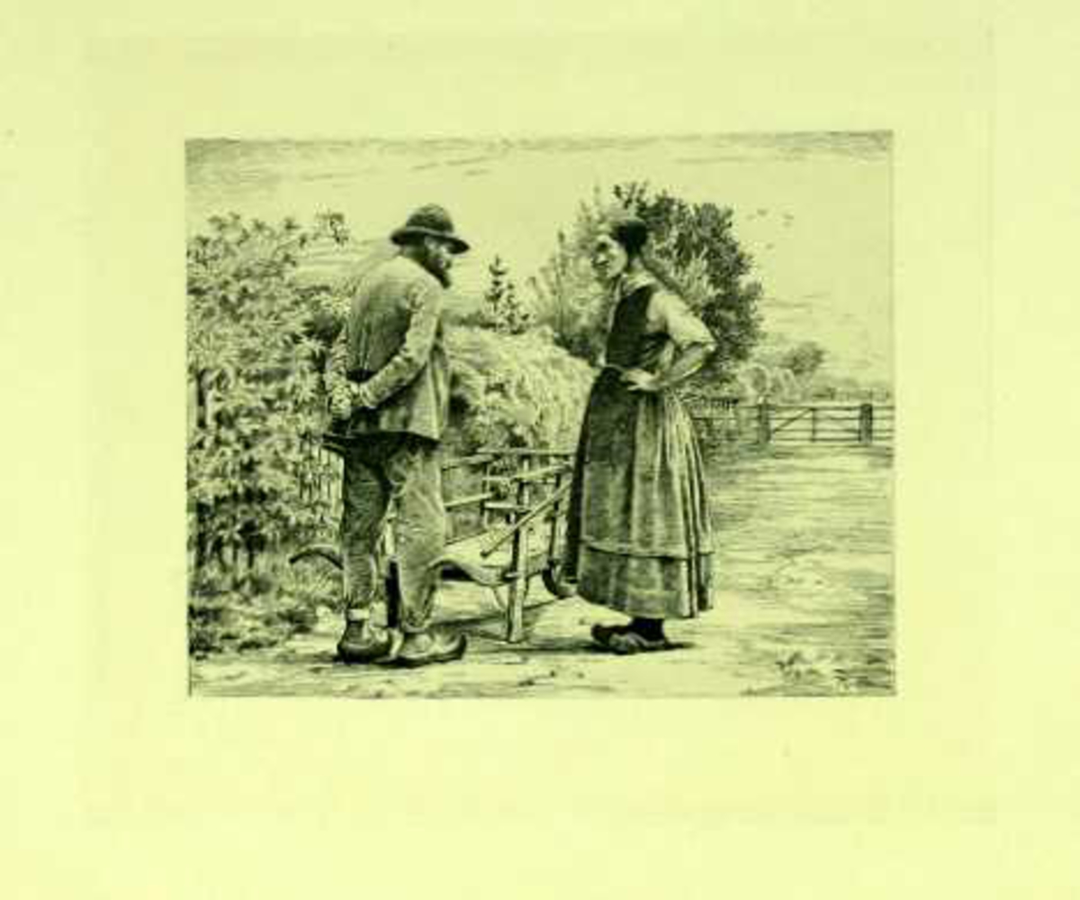 Mann og kvinne kledd i arbeidsklær møtes på en vei. 