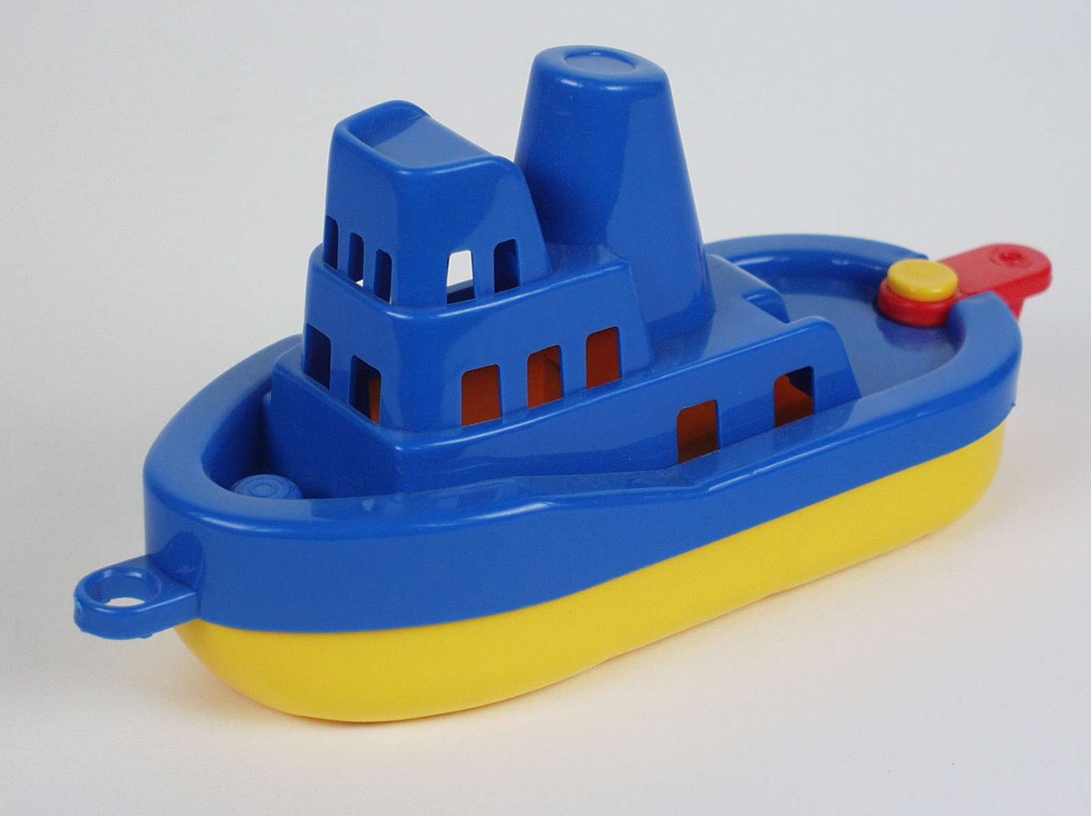 Gul og blå lekebåt i plast.
