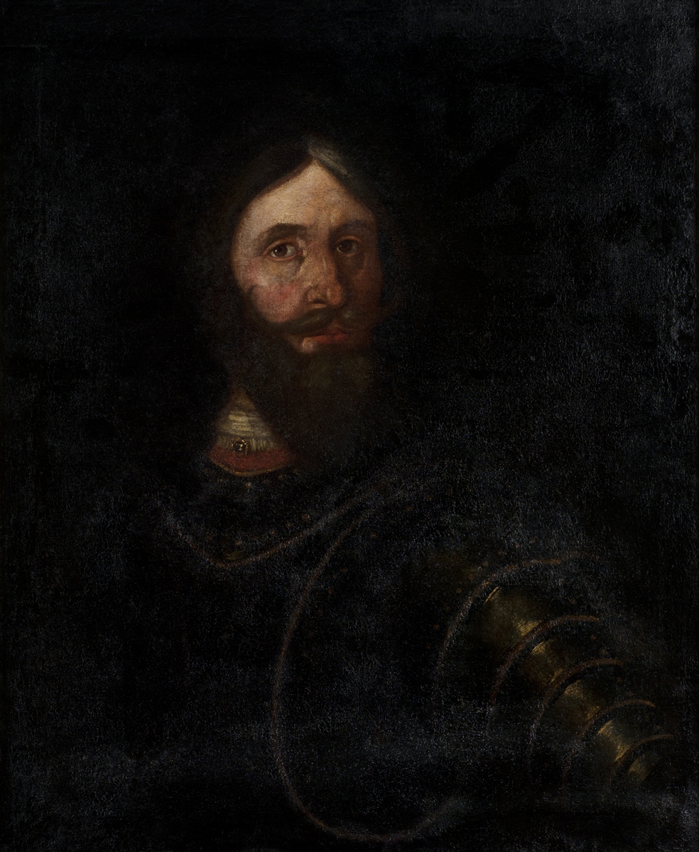 Malt portrett av Georg Reichwein i mørke farger. Georg Reichwein har på seg en rustning med harnisk, skulder- og  armbeskyttelse.