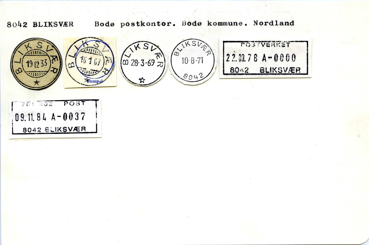 Stempelkatalog. 8042 Bliksvær, Bodø postkontor, Nordland
