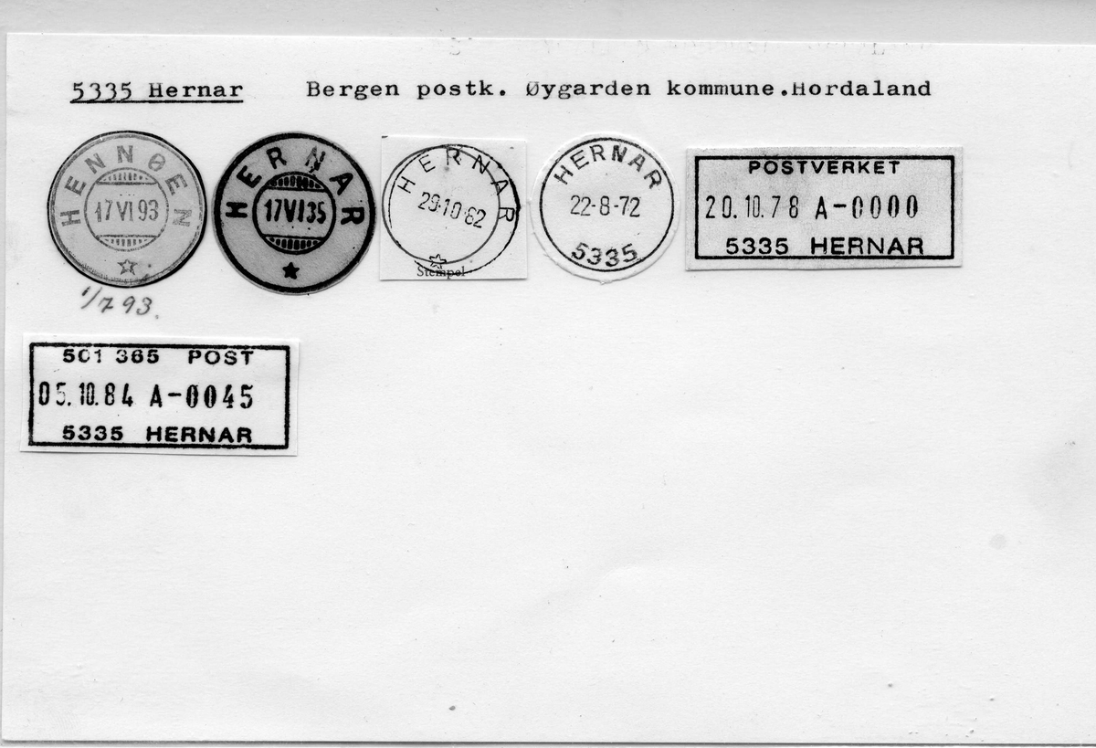 Stempelkatalog: 5335 Hernar, Bergen postk., Øygarden kommune, Hordaland