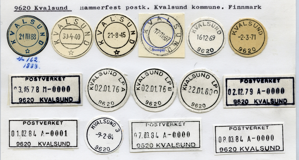 Stempelkatalog 9620 Kvalsund, Hammerfest postkontor, Kvalsund kommune, Finnmark