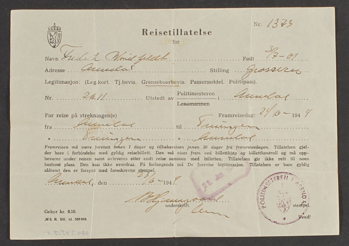 Reisetillatelse for F. Windfelt , fra Arendal til Treungen , 24/3 1945.