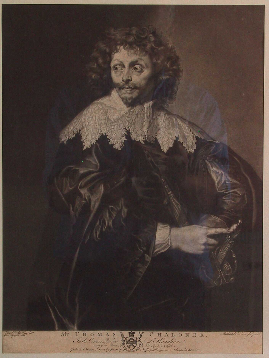 Portrett av Sir Thomas Chaloner. Knestykke, mann med langt krøllet hår, silkedrakt og vid   knplingskrave, kroppen h. vendt. hodet halvt v.vendt 