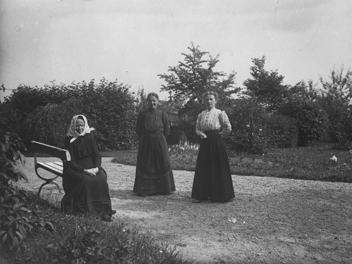 3 kvinner avbildet ute, på benken Oline Næristorp.