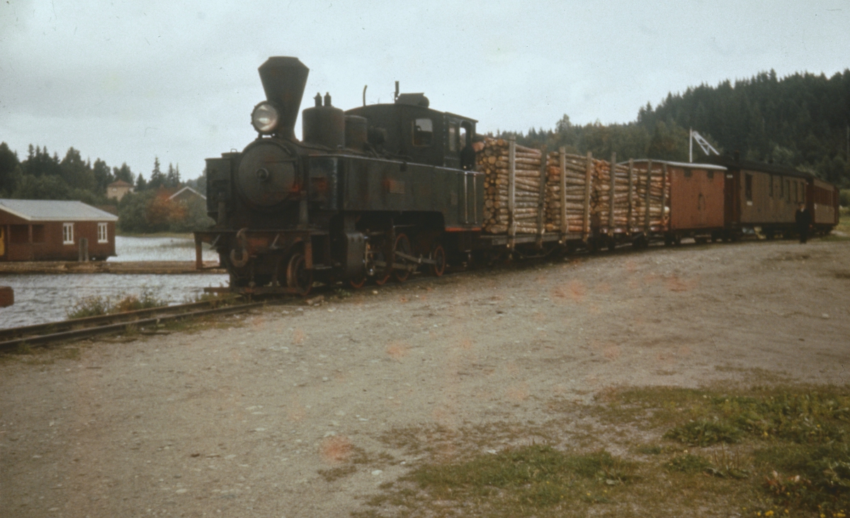 Tog 2051 fra Sørumsand ankommer Skulerud brygge. De to første vognene i toget er lastet med 3 m kubb som skal fløtes i bunter til Saugbrugsforeningen i Halden.