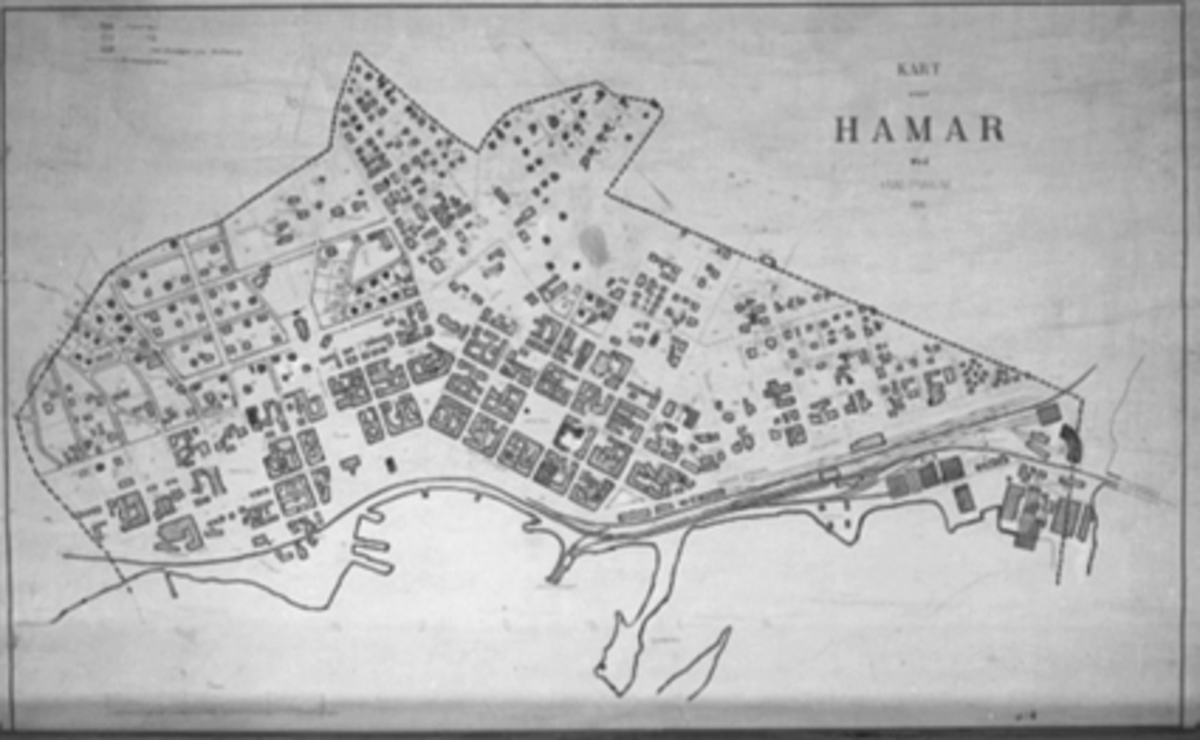 Hamar kommune, Hamar by, kart over kvartaler 1915, målestokk 1:3000
