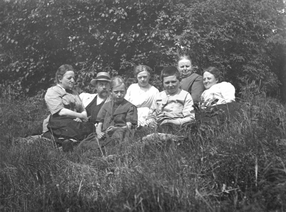Fire voksne og tre barn sitter i gresset. "Paa Stein", Ringsaker.