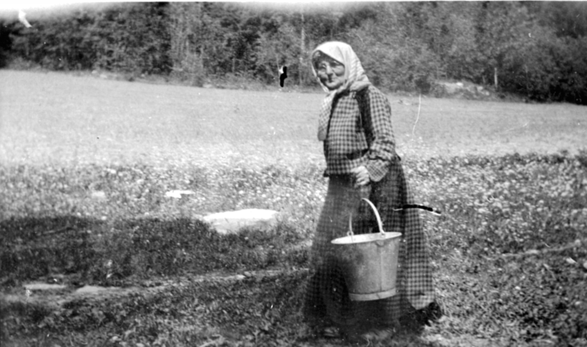 Mathea Olsdatter Kleven (1855-1936) bærer vann med vassåk. Kleven, Helgøya.