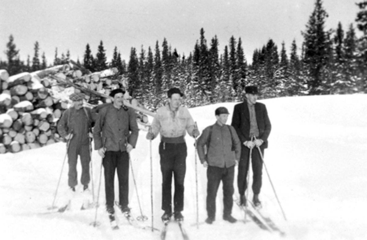 Gruppe menn på ski foran tømmervelte. Mannen til høyre er Peder Tåsåsen, Furnes Almenning.
