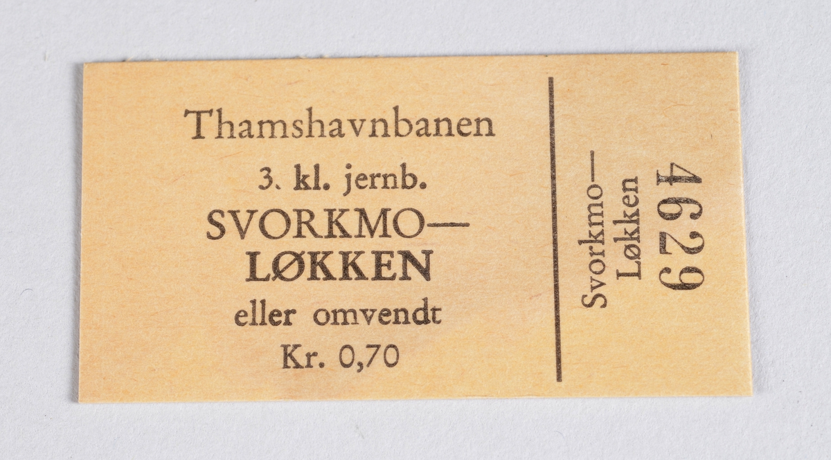 Rektangulær billett i papp for reise med Thamsbanen.