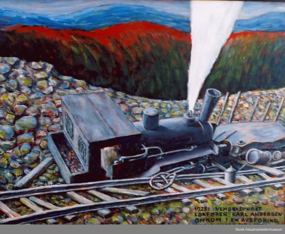 Fra dødsulykke på Vemorksporet i 1928. Man ser at toget har sporet av og står skadet på utsiden av sporet. Mannen som døde sees ikke på bildet.