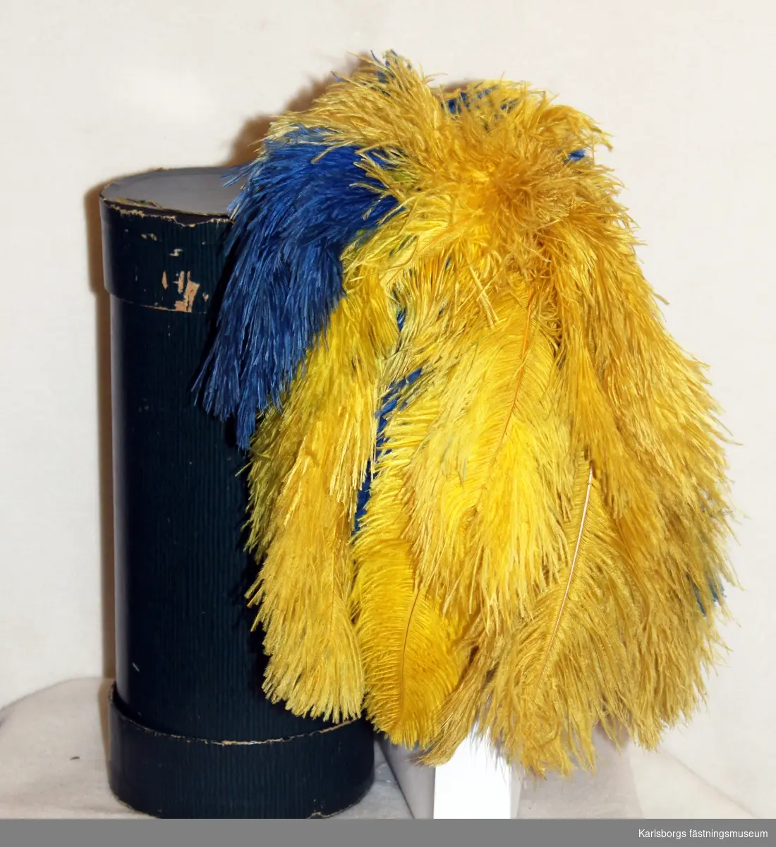 Plym till hatt, av bicorn-typ m/1854. Gula och blå fjädrar. Förvaras i en rund, blå kartong. Se vidare nr 7461.
har tillh överbef h jung