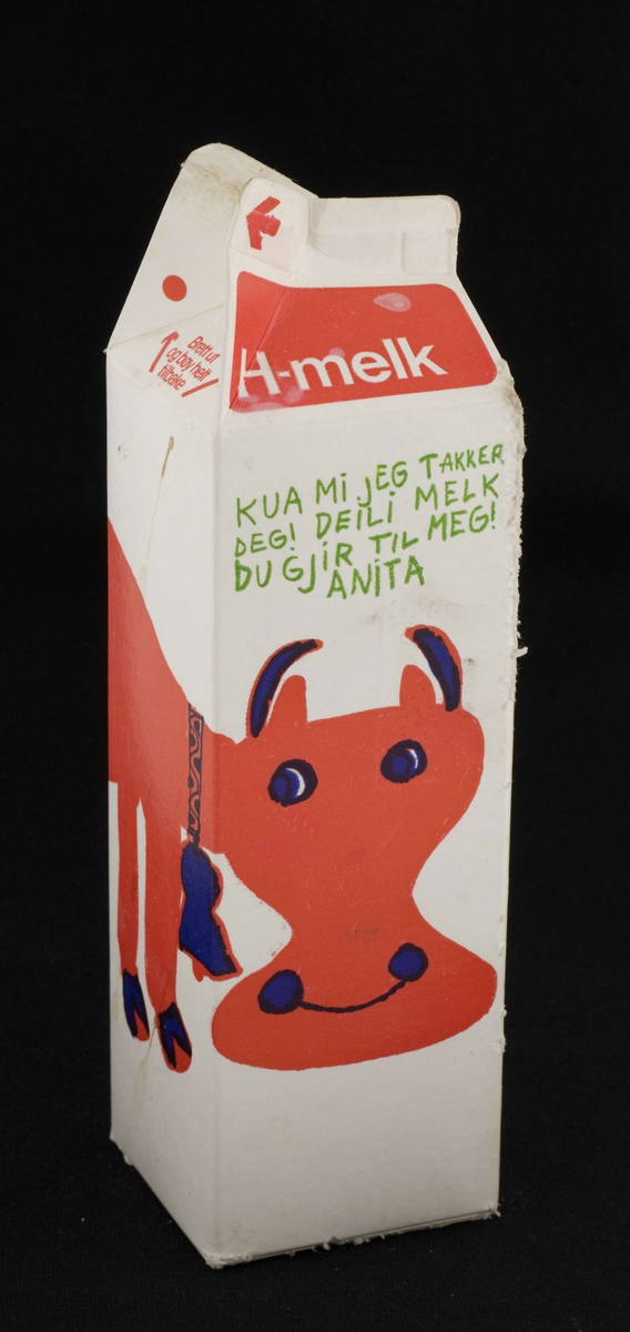 1 liters melkekartong for H-melk dekorert med barnetegning av en ku