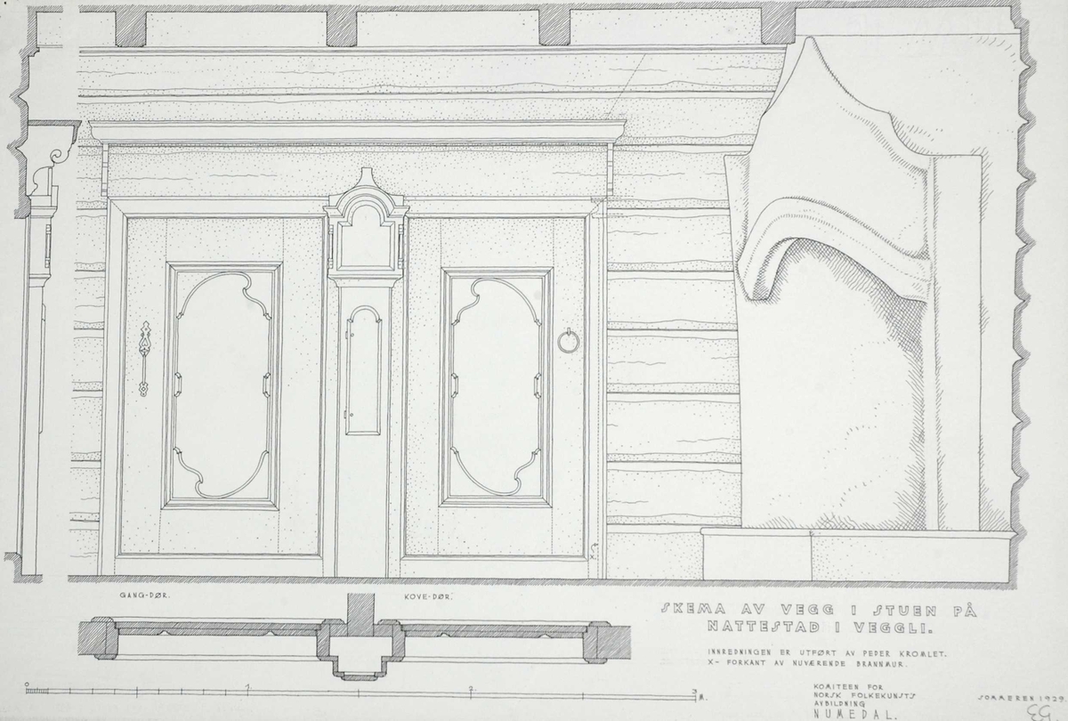 Erling Gjones tegning (1929) av vegg i stuen på Nattestad i Veggli. Innredningen er utført av Peder Kromlet.