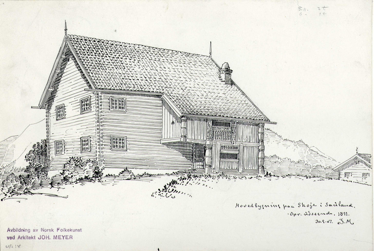 Johan J. Meyers tegning (1907) av 1. hovedbygning fra 1811, 2. dørfelt skåret 1811-1813 og 3. kistebeslag fra 1791, alt fra Skoje, Hjartdal, Telemark, samt 4. framskap fra Frøland, Hjartdal, Telemark.


