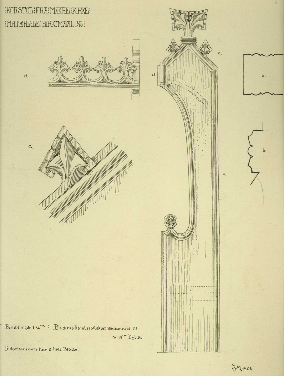 Johan J. Meyers tegning (1905) av detaljer fra korstol, Mære kirke, Sparbu, Steinkjer, Nord-Trøndelag. 