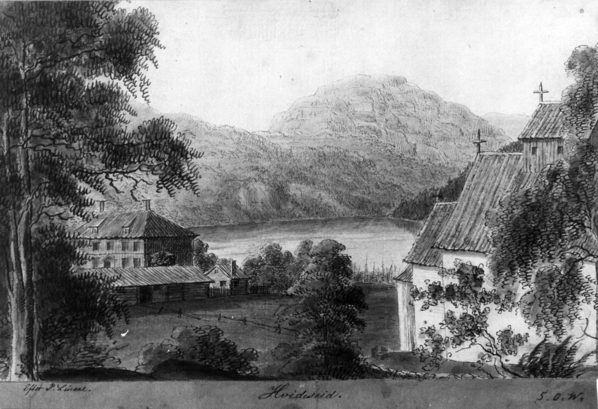 Kviteseid, Telemark. Tusjtegning av Simon Olaus Wolff (1796-1859) etter antatt akvarell av Paul Linaae (1791-1866)