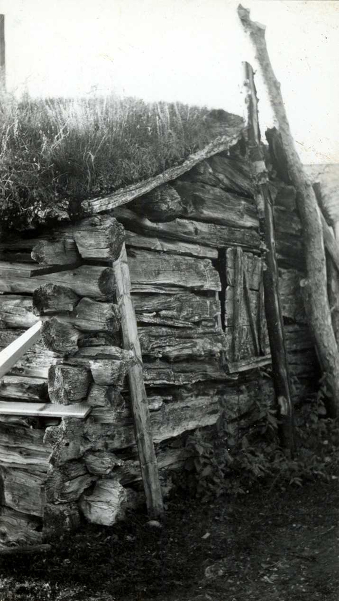 Engan, Os, Nord Østerdal, Hedmark 1941. Hjørne og kortvegg på liten løe i tømmer med torv på taket. Nå på Norsk Folkemuseum.