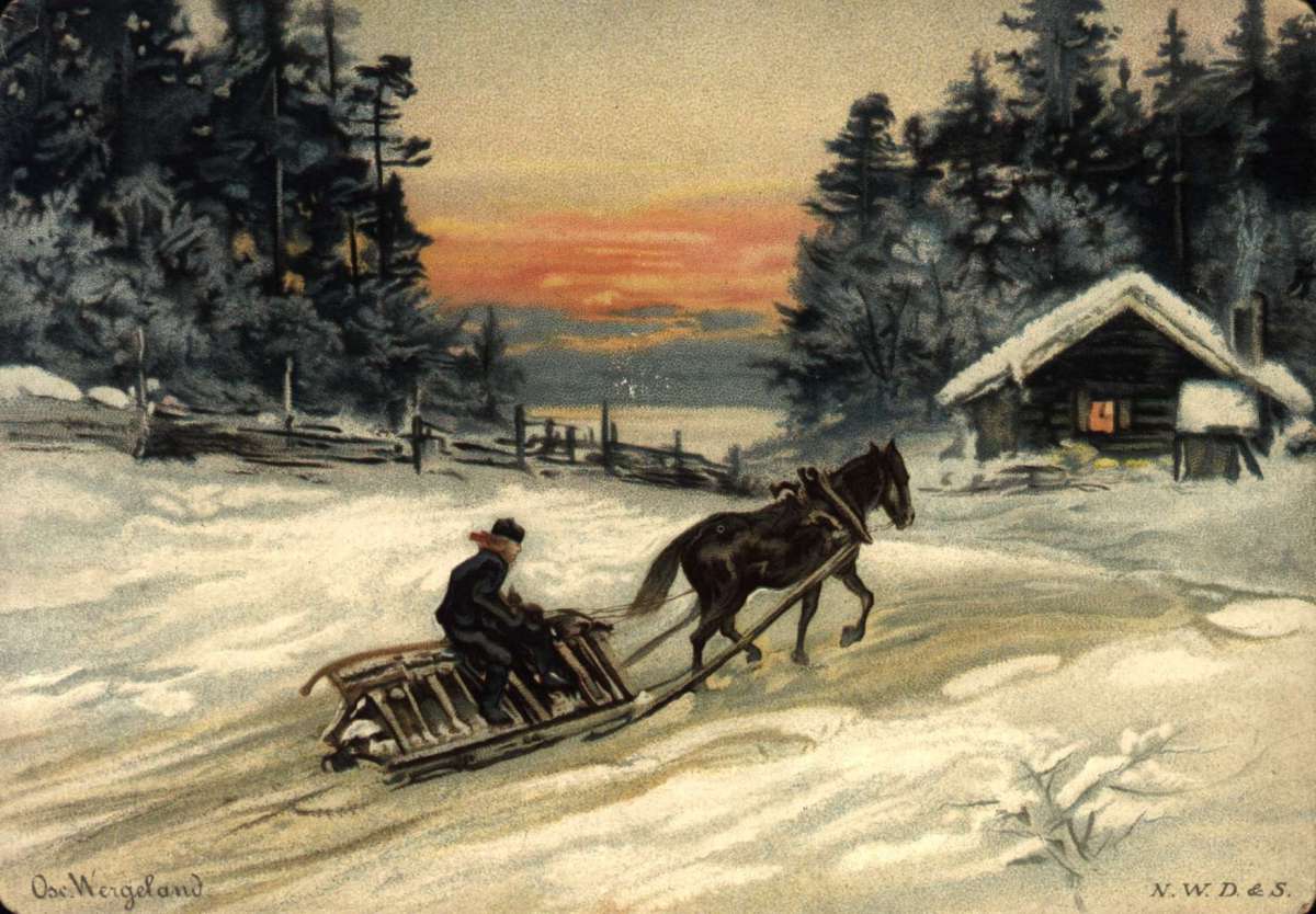 Julekort. Julehilsen. Vintermotiv. Etter et motiv av Oscar Wergeland.  Mann med hest og slede på vei til liten hytte. Datert julaften 1891.