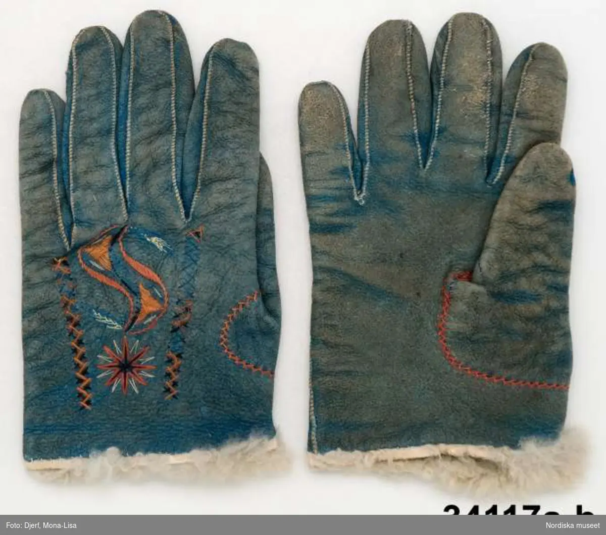 Ett par fingerhandskar för man av blått sämskat skinn päsfodarde med vitt fårskinn. Silkebroderi på handens ovansida i rostrött, rosa, ljusgult och svart  sytt i plattsöm och flätsöm. 
 Något blekta och solkiga
/Berit Eldvik 2013-02-28