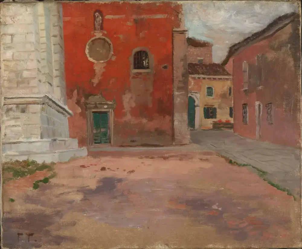 Maleri av Frits Thaulow, rød kirkevegg som er malt i 1894