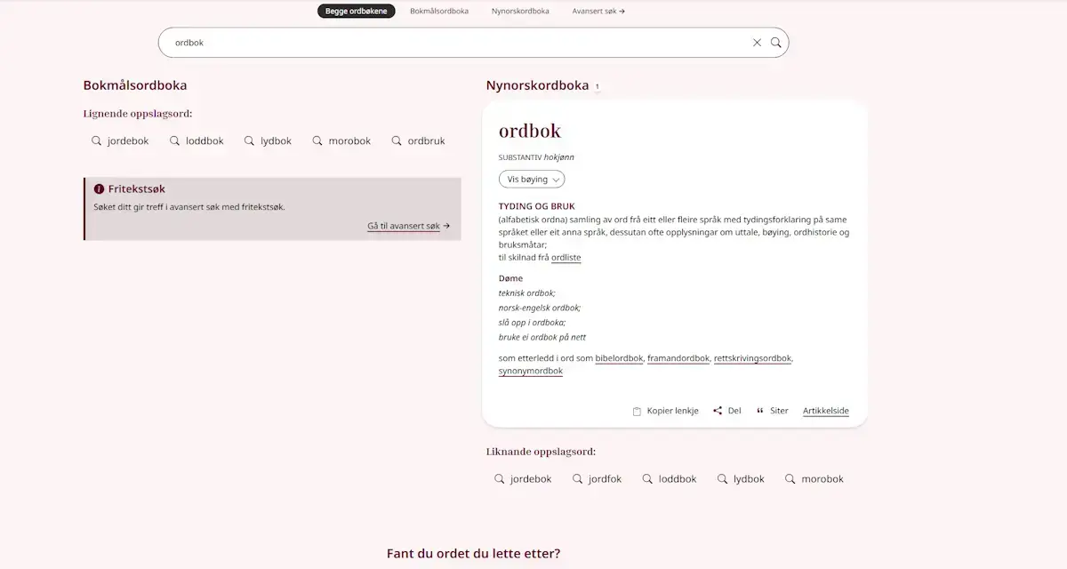 Skjermbilde frå ordbøkene.no
