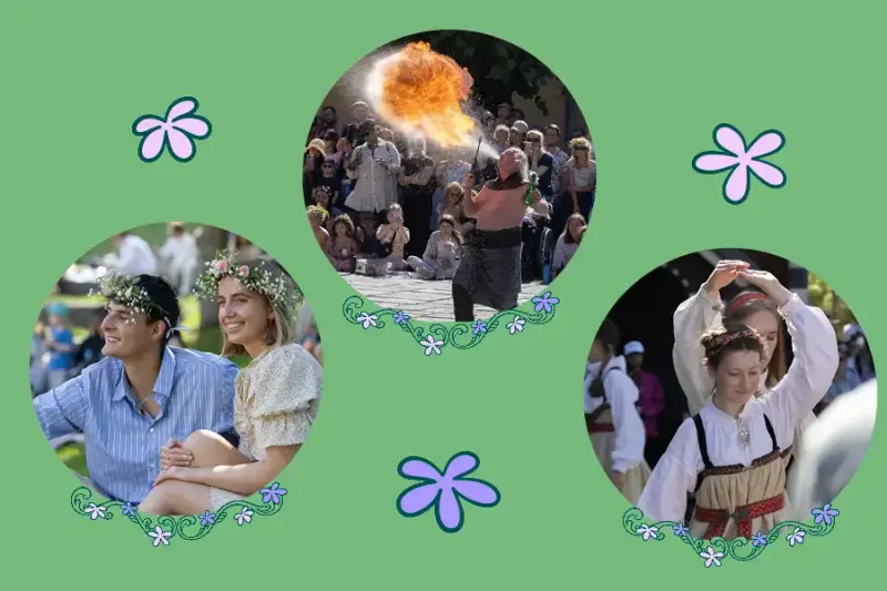 Collage showing flower-crowned guests, fire-breather and traditional folk dancing at the Midsummer Festival at Nosk Folkemuseum.